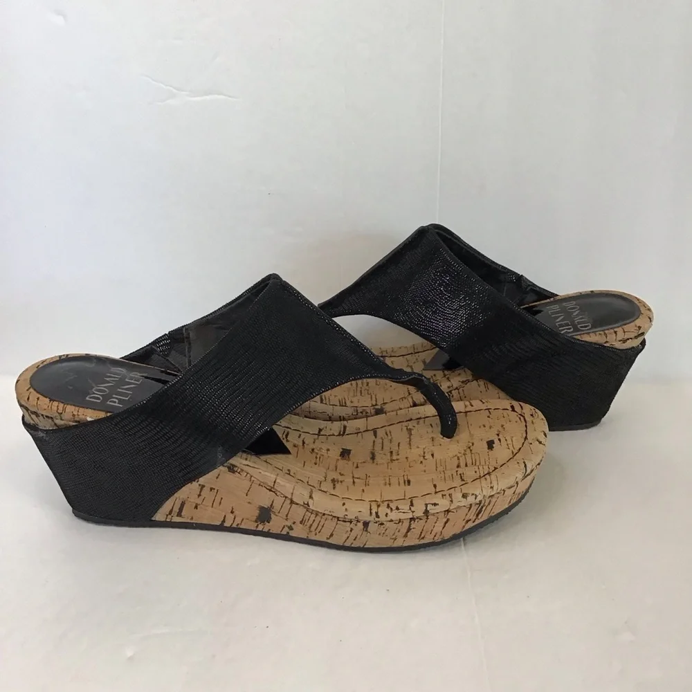 DONALD PLINER Women's Black Leather Cork GIL Wedge Flip Flops Sandals 8